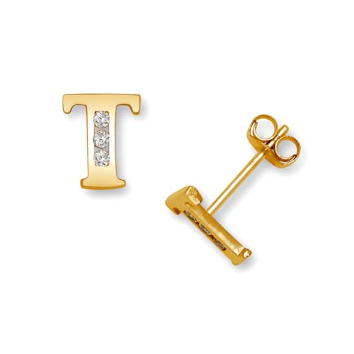 Ohrstecker für Damen, 14 Karat Gelbgold, Zirkonia, künstlicher Diamant, kleiner Buchstabe, Name, personalisierbar, Monogramm, Initiale T, 7 x 6 mm von JewelryWeb