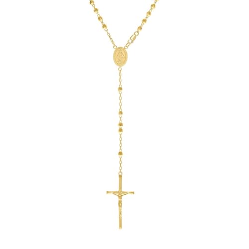 Religiöse Rosenkranz-Halskette aus 925er Sterlingsilber, gelber Ton, Unisex, Guadalupe-Kruzifix, 4 mm, 61 cm, Anhänger für Damen von JewelryWeb