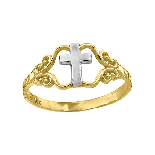 Religiöser Ring für Jungen oder Mädchen, zweifarbig, poliertes Finish, Kreuz von JewelryWeb