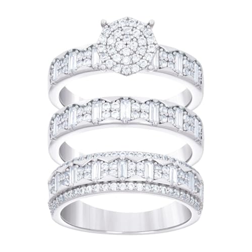 Ring-Set für Damen aus 925er-Sterlingsilber, Baguetteschliff, runder Zirkonia, simulierter Diamant, 6,6 x 15,1 mm breit, Ringgröße 6 von JewelryWeb