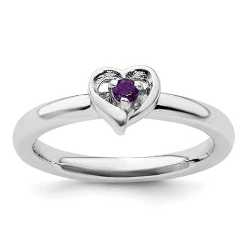 Ring aus 925er-Sterlingsilber, 2,25 mm, poliert, Krappenfassung, stapelbar, Amethyst, Liebesherz, Größe 7, Schmuck für Damen, One Size, Metall Amethyst Edelstein Metall:, Amethyst von JewelryWeb