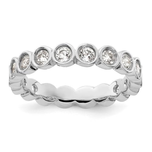 Ring aus 925er-Sterlingsilber, Lünette, poliert, gemustert, stapelbar, weißer Topas, US-Größe 8, Schmuck für Damen, One Size, Metall Silber Edelstein Metall: Silberfarben, Weißer Topas von JewelryWeb