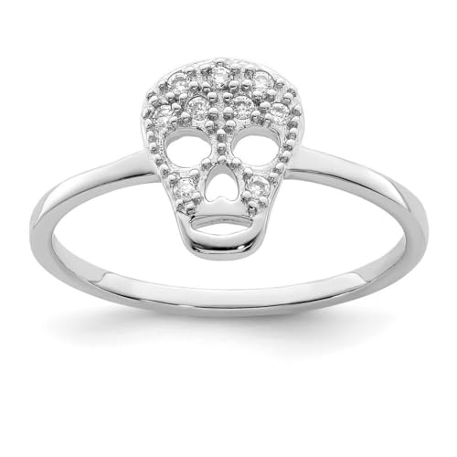 Ring aus 925er-Sterlingsilber, massiv, poliert, flache Rückseite, Zirkonia, künstlicher Diamant, Totenkopf-Ring, Schmuck, Geschenke für Frauen, Ringgrößenoptionen: L bis P, P 1/2, Cubic Zirkonia von JewelryWeb