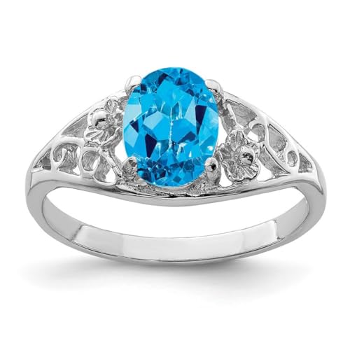 Ring aus 925er-Sterlingsilber, massiv poliert, offener Rücken, Blautopas, 2 mm breit, Schmuck für Damen, Ringgrößenoptionen: L bis P, Blauer Topas von JewelryWeb