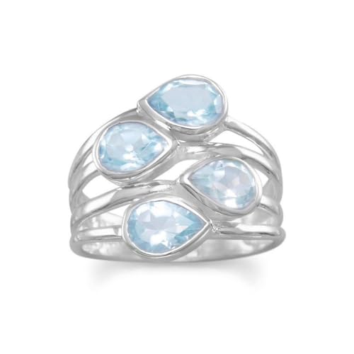 Ring aus 925er-Sterlingsilber, mehrreihig, vier birnenblaue Topas-Steine, 5,5 mm x 8 mm, US-Größe 10, Schmuck für Damen, One Size, Metall Blautopas Edelstein Metall:, Blauer Topas von JewelryWeb