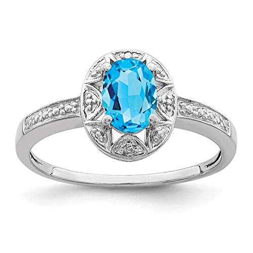 Ring aus 925er Sterlingsilber, ovaler Diamant und Blautopas, Größe J 1/2, 2 mm breit, Schmuck für Damen, Weißer Diamant von JewelryWeb