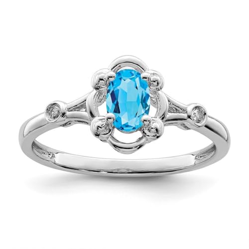 Ring aus 925er-Sterlingsilber, poliert, offene Rückseite, heller Schweizer Blautopas und Diamant, 2 mm breit, Schmuck für Damen, Ringgrößenoptionen: J bis T, Sterling Silber, Weißer Diamant von JewelryWeb