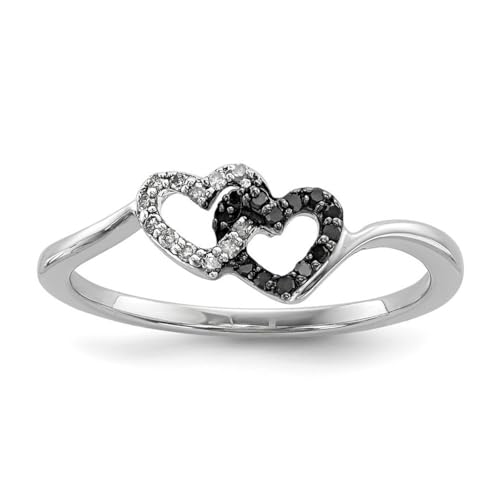 Ring aus 925er-Sterlingsilber, polierte Krappenfassung, offene Rückseite, schwarzer und weißer Diamant, Liebesherz, Größe L 1/2, 1 mm breit, Schmuck für Damen, Weißer Diamant von JewelryWeb