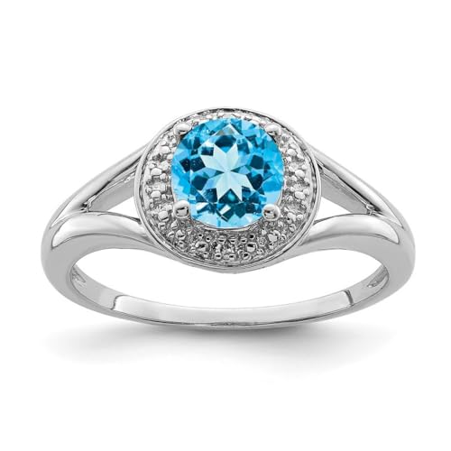Ring aus 925er-Sterlingsilber, polierter Diamant und Blautopas, Größe 56, 2 mm breit, Schmuck für Damen, Weißer Diamant von JewelryWeb