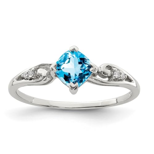 Ring aus 925er-Sterlingsilber, rhodiniert, Diamant und himmelblauer Topas, Kissenring, 2 mm breit, Schmuck für Damen, Ringgrößenoptionen: L bis R, Weißer Diamant von JewelryWeb