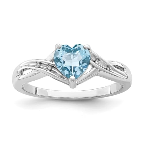 Ring aus 925er-Sterlingsilber, rhodiniert, Diamanten, hellblauer Topas, Liebesherz, 2 mm breit, Schmuck für Damen, Ringgrößenoptionen: L bis R, Sterling Silber, Weißer Diamant von JewelryWeb