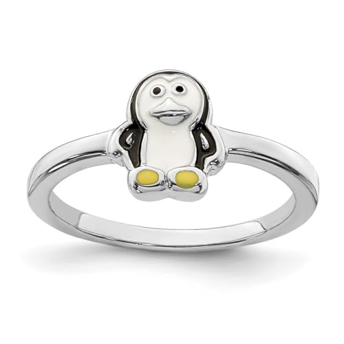 Ring aus 925er-Sterlingsilber, rhodiniert, für Jungen oder Mädchen, emailliert, Pinguin, Größe 3, One Size, Metall Emaille Metall: Rhodium, Kein Edelstein von JewelryWeb