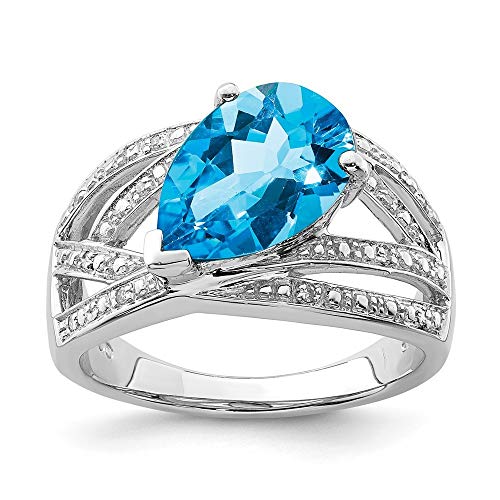 Ring aus 925er-Sterlingsilber, rhodinierter Diamant und Londoner Blautopas, 2 mm breit, Schmuck für Damen, Ringgrößenoptionen: L bis R, Sterling Silber, Weißer Diamant von JewelryWeb