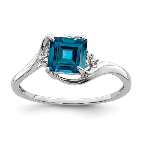 Ring aus 925er-Sterlingsilber, rhodinierter Diamant und Londoner Blautopas, Größe 56, 2 mm breit, Schmuck für Damen, Weißer Diamant von JewelryWeb
