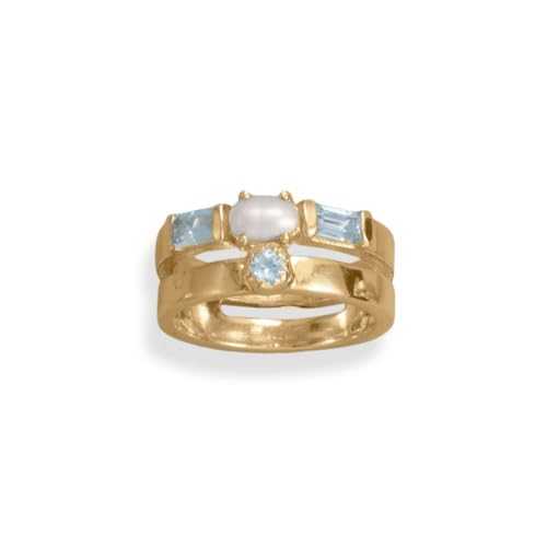 Ring mit 14 Karat vergoldetem 925er-Sterlingsilber, Süßwasser-Zuchtperle und Blautopas, 3 mm, runder Schmuck für Damen. Ringgrößenoptionen: L bis R, Sterling Silber, Topas von JewelryWeb