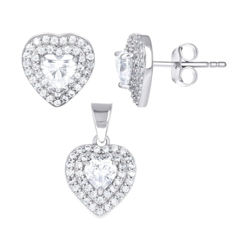 Schmuck-Set für Damen aus 925er-Sterlingsilber, Herzform, runde Zirkonia, simulierte Diamanten, Ohrringe und Anhänger, Halsketten-Set für Frauen von JewelryWeb