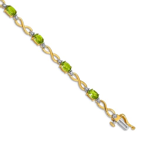 Unendlichkeits-Armband für Damen, 4 mm, 10 Karat massives Gelbgold, Peridot und Diamant von JewelryWeb