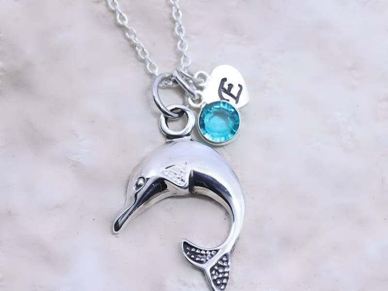 Personalisierte Sterling Silber Delfin Halskette. Wählen Sie Anfangs - Und Geburtsstein, Halskette, 925 5619 von JewelryWithAMeaning