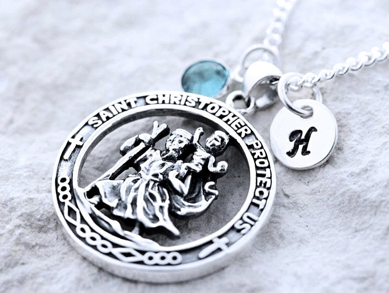 Sterling Silber St Christopher Halskette Personalisierter Anfang Geburtsstein. Reisende Beschützer Anhänger. Wählen Sie Dicke Kette Männer Oder von JewelryWithAMeaning