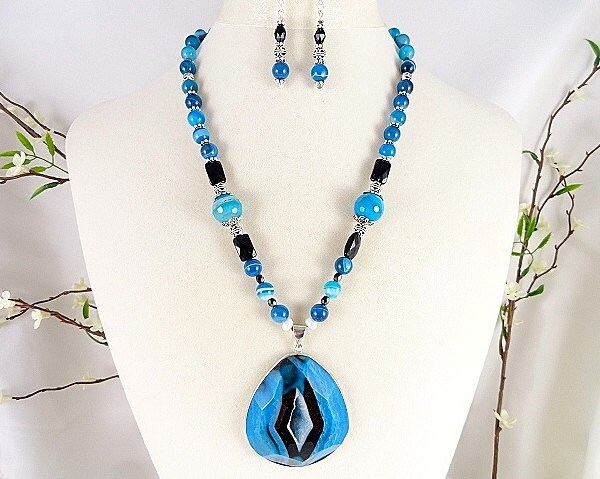 Blauer Halskette Set Achat Edelstein Druzy Ohrringe & Onyxhalskette Handgefertigte Schmuck Geburtstag Muttertagsgeschenk von JewelrybyPJ