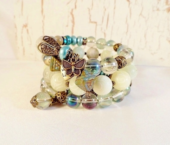 Boho Chic Armband Wire Wrap Jade Aqua Perlen Armband-Handgemachter Schmuck-Geburtstag-Geschenk Für Sie von JewelrybyPJ