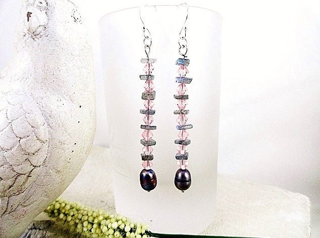 Edelstein Ohrringe Labradorit Kristall & Perlenschmuck Lange Baumeln Geschenkideen Für Ihren Geburtstagsgeschenk Sie von JewelrybyPJ