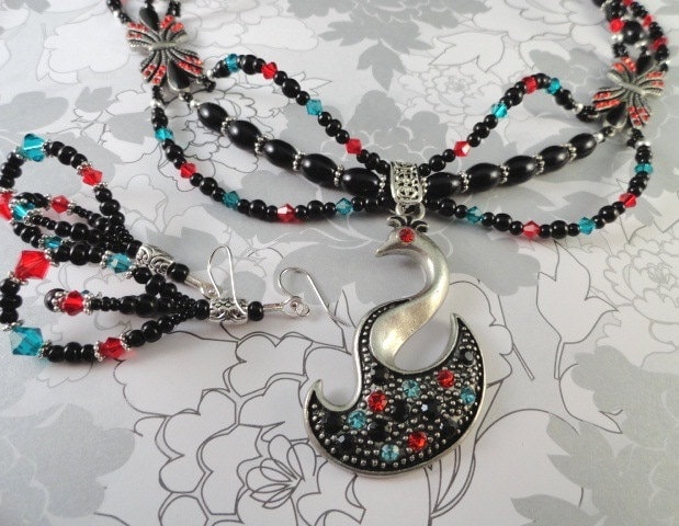 Elegante Vogel-Collier-Set Mit Ohrhänger Schwarze Perle Halskette Kristall Schmuck Statement Kette Handgefertigt Geburtstag Urlaub Geschenk Für Sie von JewelrybyPJ