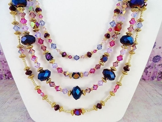 Kristall Schmuck Set Lila Halskette Vier Strang Kette Ohrringe Lila Handgemacht Geburtstaggeschenk von JewelrybyPJ