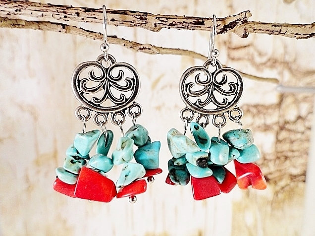 Türkis & Rote Koralle Ohrringe Kronleuchter Südwestlichen Schmuck Sommer-Schmuck Handgefertigte Geburtstagsgeschenk von JewelrybyPJ