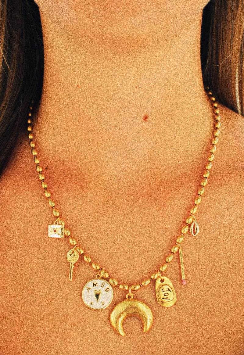 Eastbound & Down Charm Halskette - Halbmond Halskette, Antiqued Gold Vintage Reis Bead Kette Mit Toggle Verschluss, Bunte Charms Eastbound & Down Charm Halskette - Halbmond Halskette, Antiqued Gold Vintage Reis Bead Kette Mit Toggle Verschluss, Bunte Charms von Jewelrybynlg