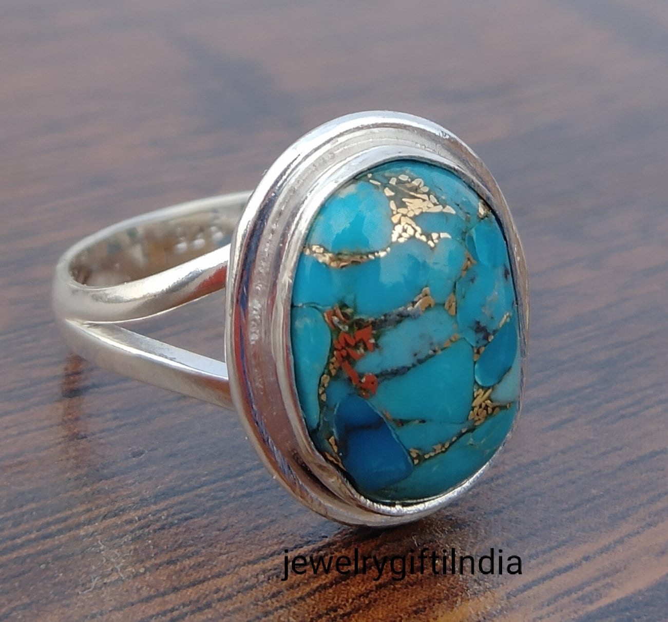 Echter Türkis Ring, Silber Kupfer Sterling Blau Boho Ring von JewelrygiftIndia