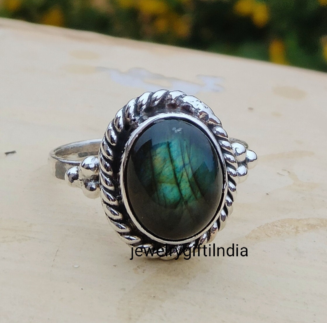 Labradorit Ring, Silber Bandring, 925 Sterling Silber, Handgemachter Blauer Stein Edelstein Frauen Geschenk Für Sie von JewelrygiftIndia