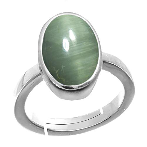 Jewelryonclick Natürlicher versilberter Verstellbarer Ring grüner Katzenaugen Stein Ring oval Form Cabochon Schnitt in Größe 56.3 bis 69,7 für Männer & Frauen von Jewelryonclick