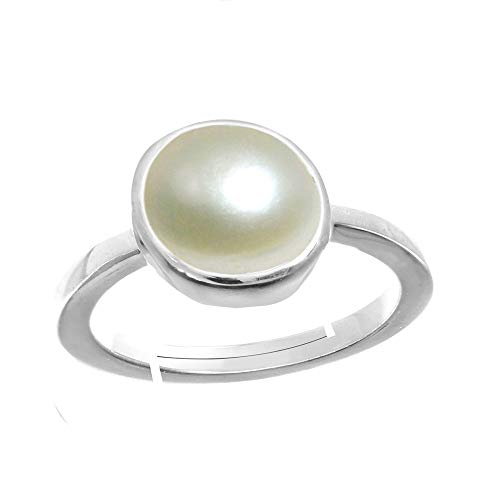 Jewelryonclick Natürlicher versilberter einstellbarer Ring Weiß Perle Steinring Runde Form Cabochon Schnitt in Größe 56.3 bis 69,7 für Männer & Frauen von Jewelryonclick