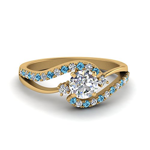 Jewelryonclick Swirl Diamant Verlobungsring mit 3 Steinen gelb vergoldet Natur Blau Topas Runde Brillante Form Seitenstein Verlobungsringe Zinkeneinstellung Größe 63 von Jewelryonclick