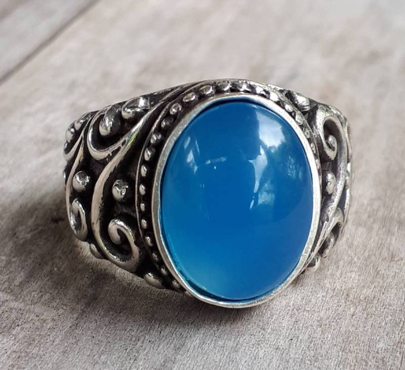 Blaue Chalcedon Ring Aus Sterlingsilber-Kleid Hochzeitskleid Mit Antikem Muster von JewelrywitAttitude