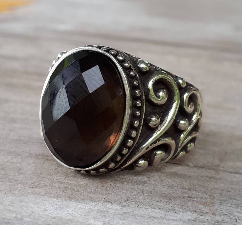 Rauchquarz Sterling Silber Kleid Ehering Ring Antik Schriftrolle Muster von JewelrywitAttitude