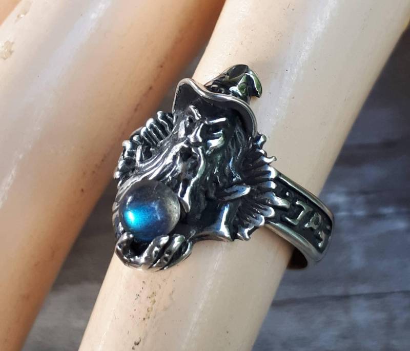 Zauberer Ring Sterling Silber Labradorit Magie Fantasy Mythisch Steampunk Gothic Punk von JewelrywitAttitude