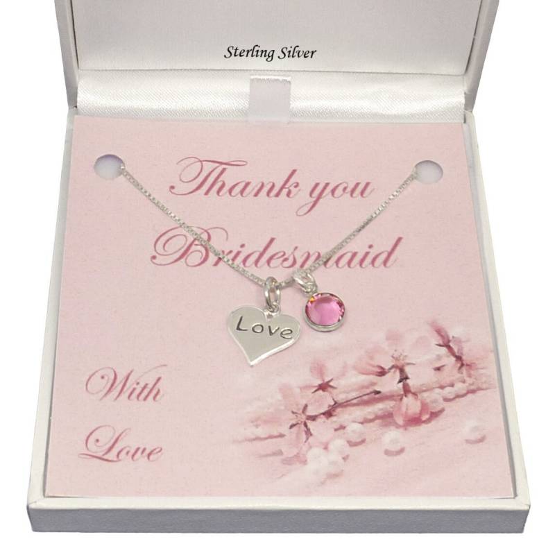 925 Sterling Silber Liebe Herz Halskette Mit Birthstone, Danke Geschenk Für Brautjungfer Oder Blumenmädchen von Jewels4girls
