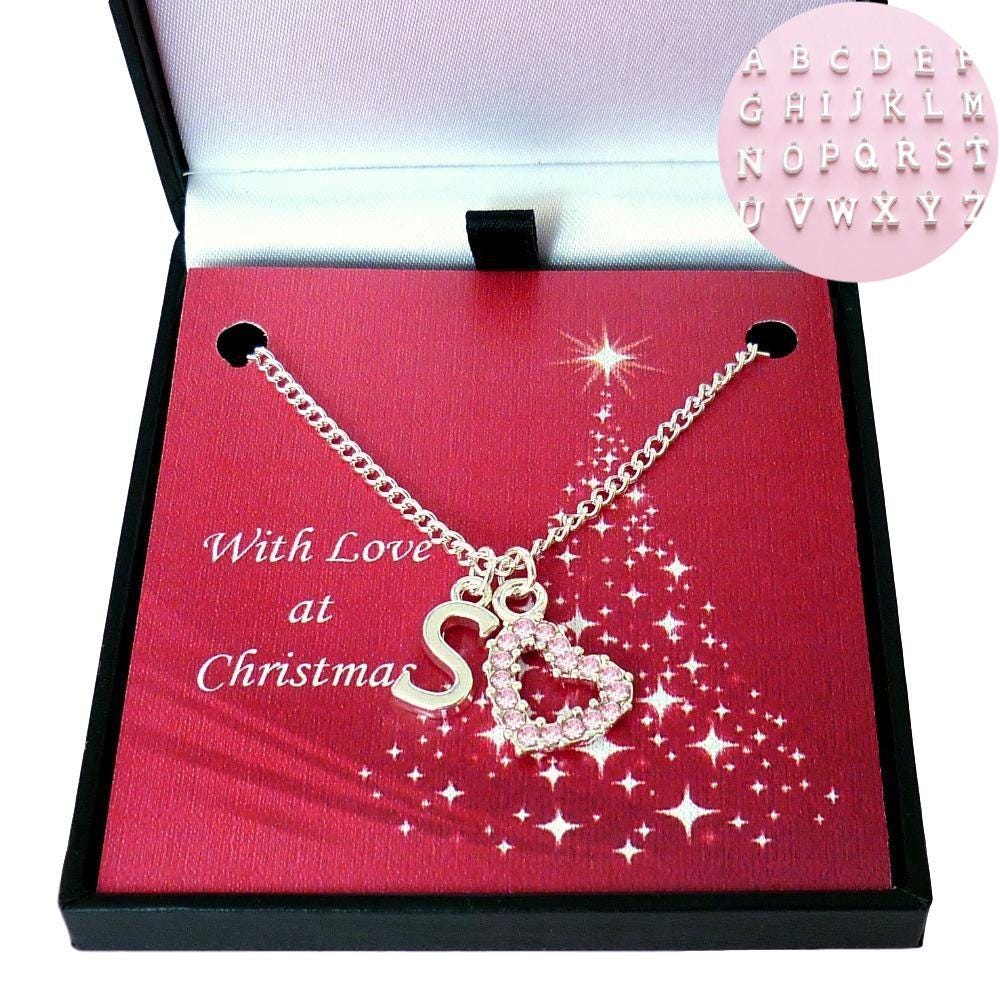 Initial Charm Und Rosa Kristall Herz Halskette Für Weihnachten, Buchstabe Frauen Mädchen. in Einer Weihnachtlichen Geschenkbox von Jewels4girls