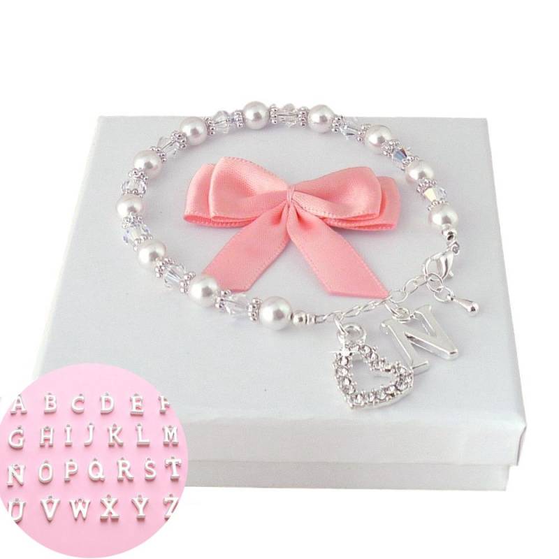 Brautsjungfer Armband Oder Blumenmädchen Mit Herz Und Brief Charms, Silber Perlen Kristalle. Größenverstellbar Für Damen Mädchen von Jewels4girls