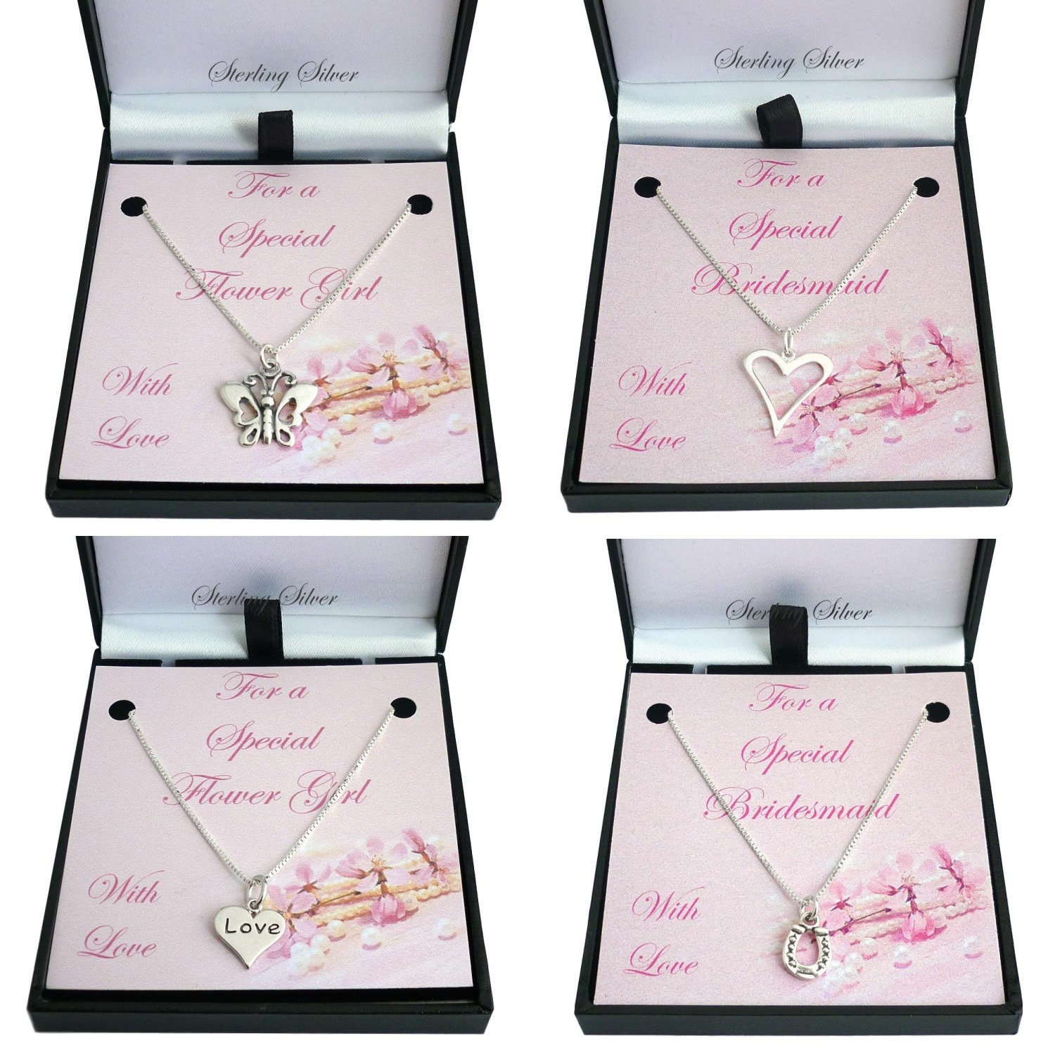 Echt Silber Halsketten Für Blumenmädchen Oder Brautjungfer, Geschenk Verpackt Mit Offenem Herz, Liebesherz, Hufeisen Schmetterling Anhänger von Jewels4girls