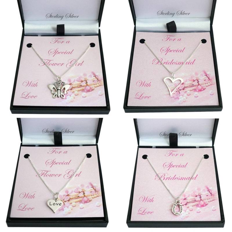Echt Silber Halsketten Für Blumenmädchen Oder Brautjungfer, Geschenk Verpackt Mit Offenem Herz, Liebesherz, Hufeisen Schmetterling Anhänger von Jewels4girls