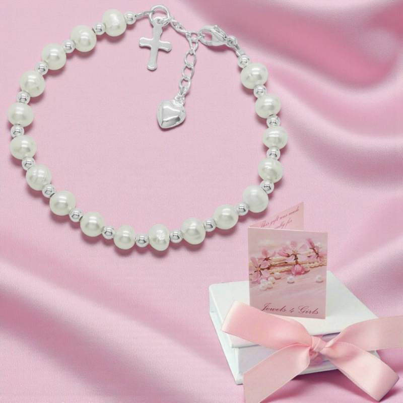 Echte Perle Und 925 Sterling Silber Armband Für Mädchen Erstkommunion Oder Taufe. Kreuz Charm. in Geschenkbox von Jewels4girls