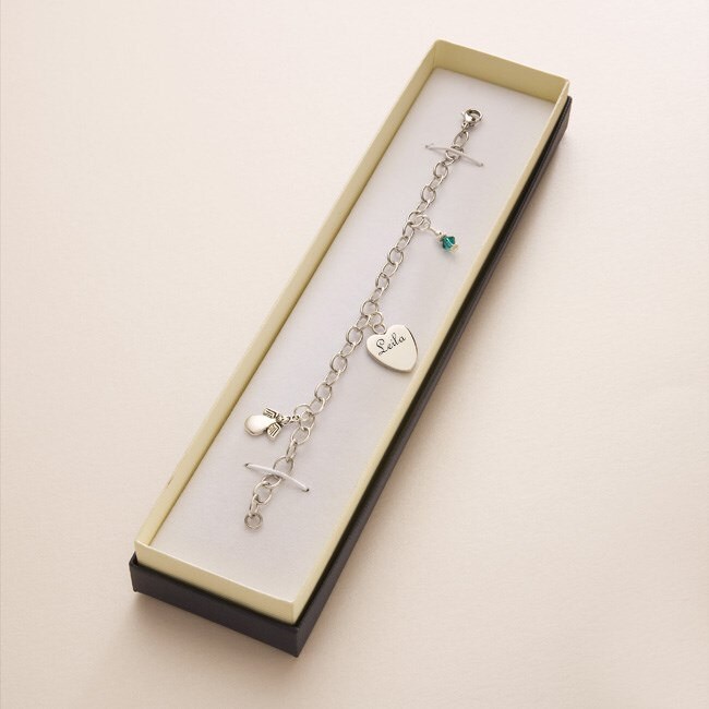 Graviertes Herz, Engel & Geburtsstein Armband Für Mädchen, Personalisiert Mit Jeder Gravur Auf Silbernem Herzanhänger, Geschenkbox von Jewels4girls