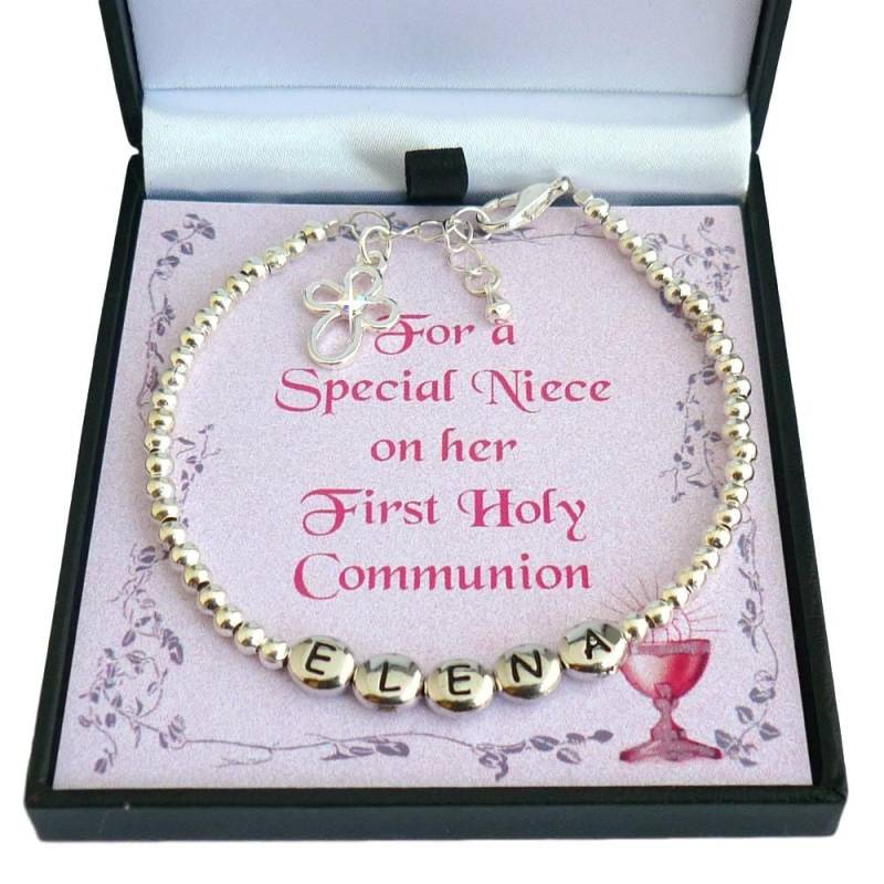 Mädchen Armband Für Die Erste Heilige Kommunion Mit Einem Beliebigen Namen Auf Rhodium Letters. Geschenk Tochter, Enkelin, Nichte, Schwester Oder von Jewels4girls