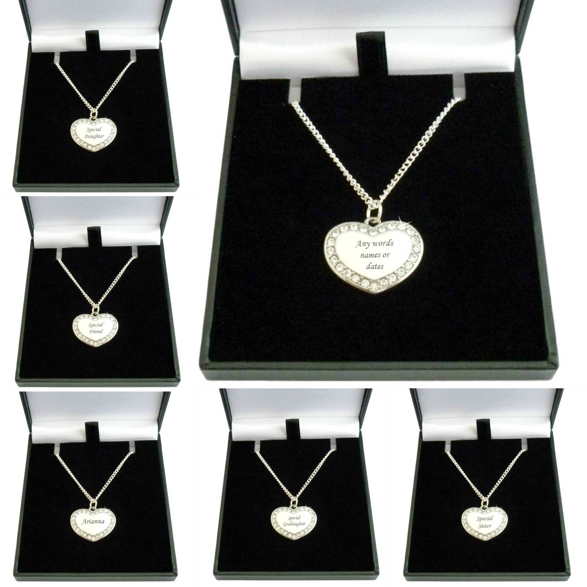 Personalisierte, Gravierte Herz Anhänger Halskette Mit Kristallen, Kostenlose Gravur. Verschiedene Größen Für Damen Und Mädchen. Silberner von Jewels4girls