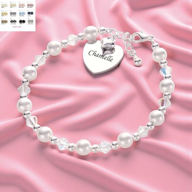 Personalisierte Armband Mit Gravierte Herz Anhänger, Perlen, Kristalle, Viele Farben. Ideal Für Brautjungfern, Blumenmädchen, Trauzeugin von Jewels4girls
