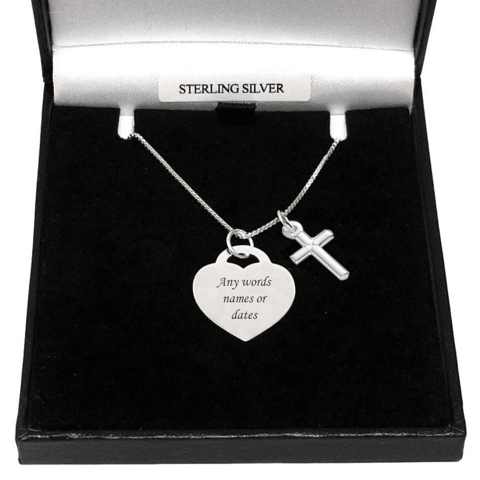 Personalisierte Halskette Aus 925 Sterlingsilber Mit Herzgravur Und Silbernem Kreuzanhänger. Geschenk Zur Ersten Heiligen Kommunion, Taufe, Taufe von Jewels4girls