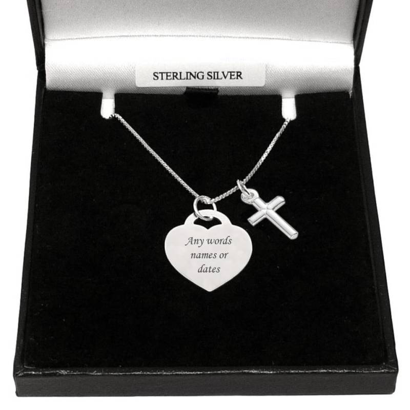 Personalisierte Halskette Aus 925 Sterlingsilber Mit Herzgravur Und Silbernem Kreuzanhänger. Geschenk Zur Ersten Heiligen Kommunion, Taufe, Taufe von Jewels4girls